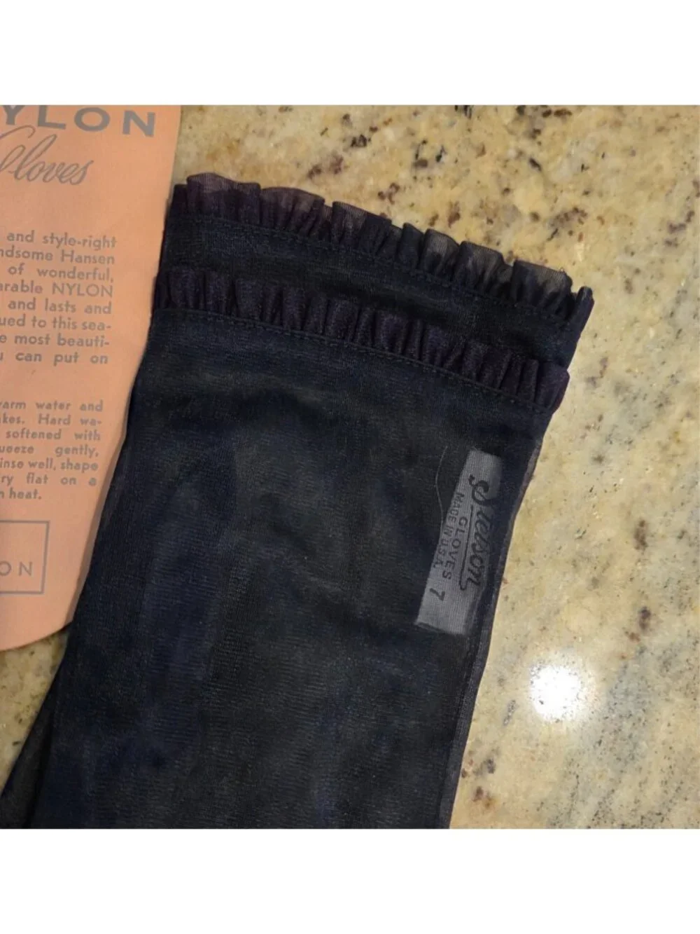 New! Vintage Women's Size 7 S/M Blue Sheer Nylon Formal Gloves Double Ruffle